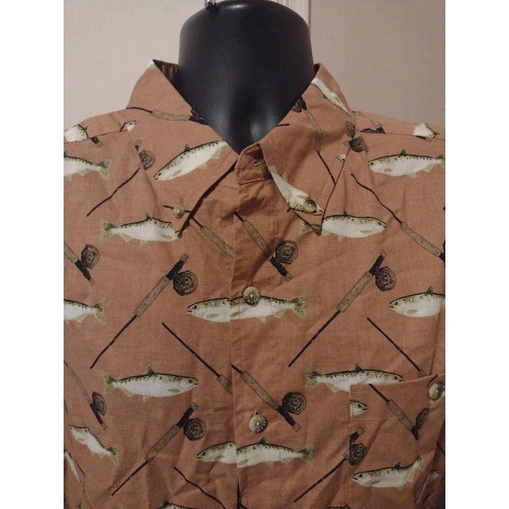 NWT New Field & Stream Long Sleeve Button Shirt Large L Fish Print Orange - Picture 2 of 10